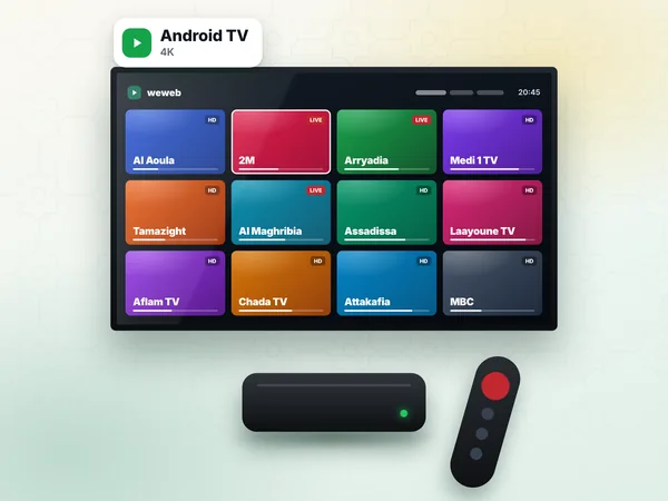 Android TV box with its remote and the IPTV Morocco channel list