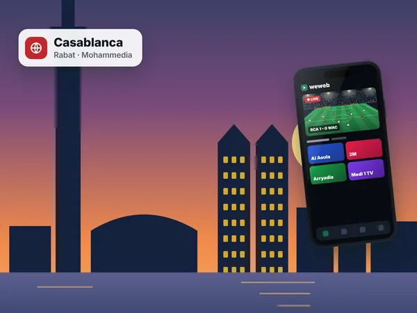 Host cities — IPTV in Casablanca: Moroccan channels on a phone at dusk over the city