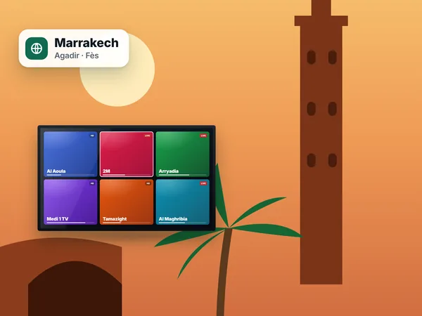 Location ou riad à Marrakech — IPTV à Marrakech : chaînes marocaines sur une TV près du minaret de la Koutoubia