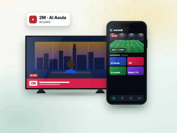 Moroccan TV channels on a phone and a TV: 2M, Al Aoula and Arryadia live