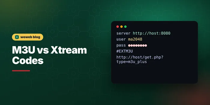 Xtream Codes login (server, username, password) and an M3U playlist link side by side